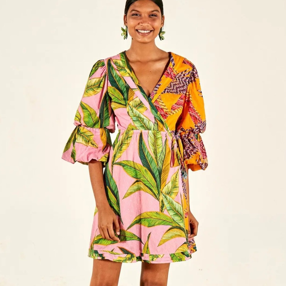 FARM Rio Leafy Pink and Orange Mini Dress
